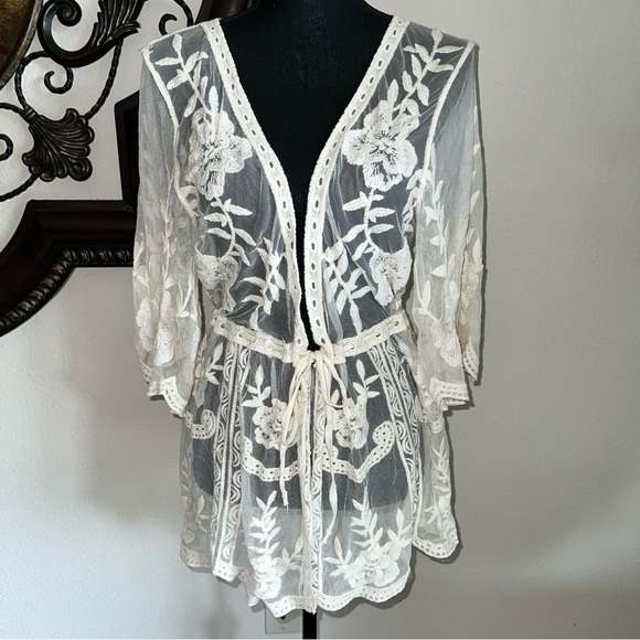 Grace & Lace Other - Grace & Lace Cream Lace Embroidered Kimono Tie at Waist with Bell Sleeves